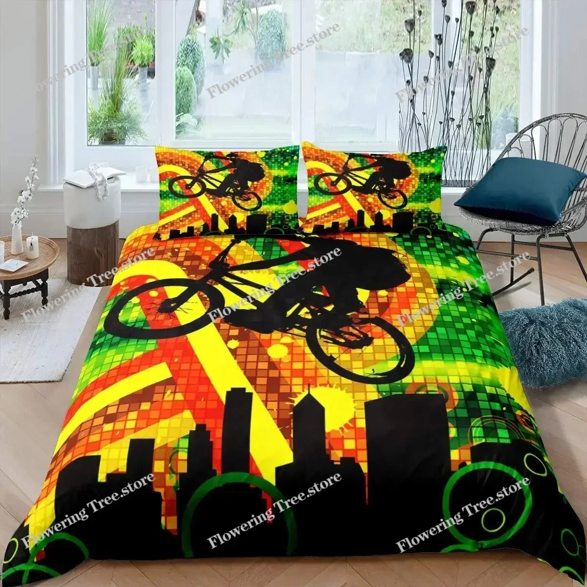 Mountain Biking Europe - ชุดผ้าคลุมผ้านวมลายจักรยาน ไมโครไฟเบอร์ ลายไท-ได สำหรับจักรยานเสือภูเขา ขนาดคิงไซส์ ชุดเครื่องนอนคู่